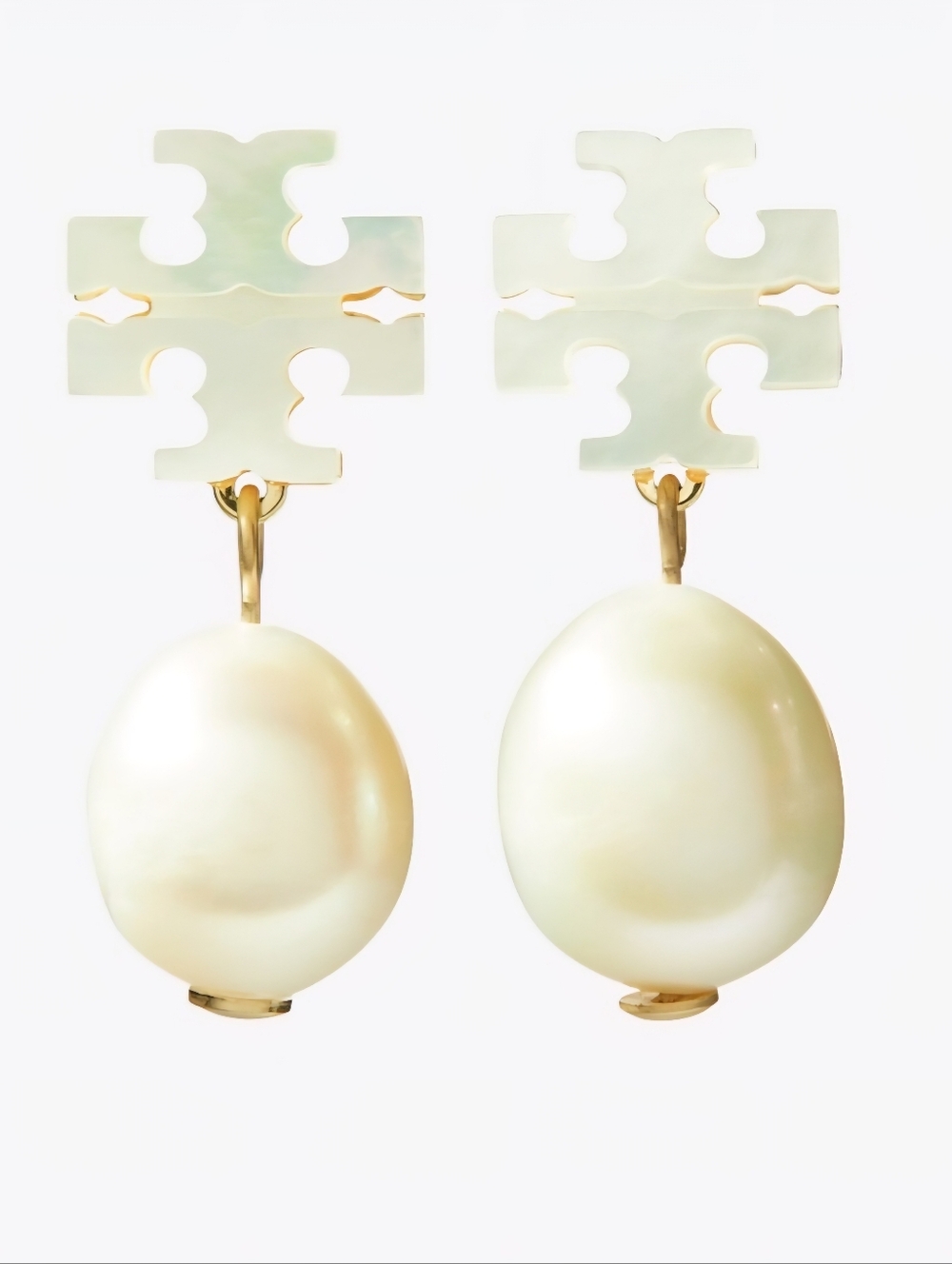 Tory Burch Gold and Ivory Pearl Drop Logo Earrings